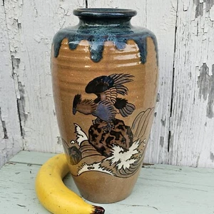 Seto Ware Japanischer Falke und Welle emailliertes Steinzeug mit blauer Tropfglasur Vase - Bild 1 von 22