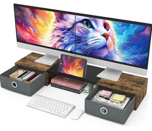 Dual Monitor Stand Riser Rustic Brown Wood W/2 Storage Drawers Organizer - Picture 1 of 12