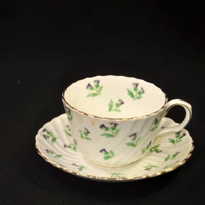 Aynsley Cup & Saucer Set Pattern #15287 Thistle Green & Purple w/Gold 1934-1939 - Picture 1 of 12