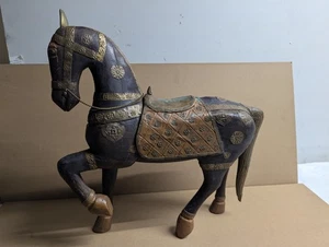 VTG 19x18 Indian Hand Carved Wood Horse Copper and Brass - Picture 1 of 19