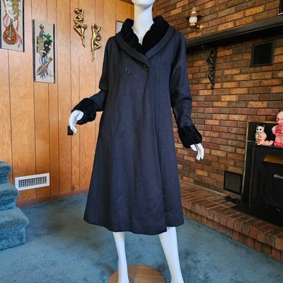 Vtg 50s Lilli Ann Velvet Shawl Collar Swing Princess Opera Formal Wool Coat L/XL - Image 1 of 4