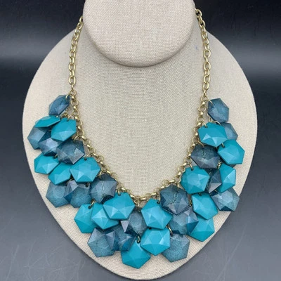 Teal Green Bib Statement Necklace Cha Cha Bold Acrylic Gold Tone - Image 1 of 4