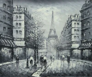 20x24 Caminata a la Torre Eiffel pintura al óleo impresionismo negro blanco paisaje urbano - Imagen 1 de 1