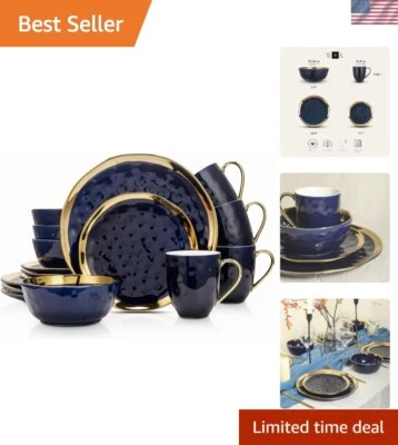 Juego de vajilla de porcelana de 16 piezas, servicio para 4, borde azul y dorado, azul oscuro Foto 1 de 4