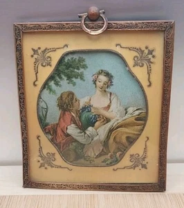 Scena romantica arte da parete in miniatura italiana vintage. Cornice in ottone firmata Germania 4" - Foto 1 di 10