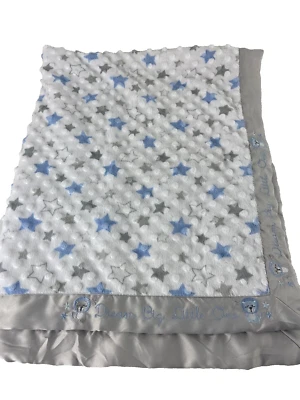 Just Born Dream Big Little One Lion Star Baby Blanket Blue White Gray Edge Minky - Image 1 of 4