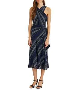 Abito LAUREN RALPH LAUREN a righe pieghe georgette Halter DONNA 12 NUOVO - Foto 1 di 4