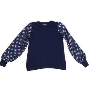 Top Adrianna Papell manica a palloncino girocollo a pois blu navy medio retrò - Foto 1 di 9