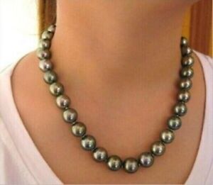 18"AAAAA LUSTER 11-12mm REAL Tahitian Black Green Round pearl necklace 14k GOLD