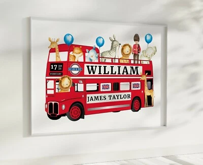 Персонализированный детский лондонский автобус • принт для детской комнаты • животные джунглей - Изображение 1 из 4