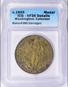 (1855) Brass Washington Before Boston/Calendar Medal Baker-386 ICG VF-35 Damaged - Picture 1 of 2