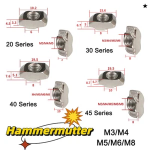 Aluprofil-Hammermuttern, M3-M6, für T-Nut-Serien (20/30/40/45)- Kopf &Nutenstein - Picture 1 of 14