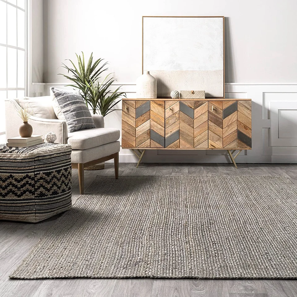 Rug Grey Rectangle Jute Area Rug 100% Braided Rustic look Living Area Carpet - Image 1 of 4
