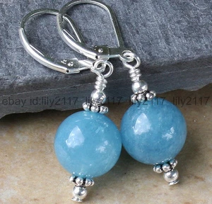 Handmade 12mm Blue Chalcedony Gemstone Round Beads Silver Dangle Earrings - Picture 1 of 6