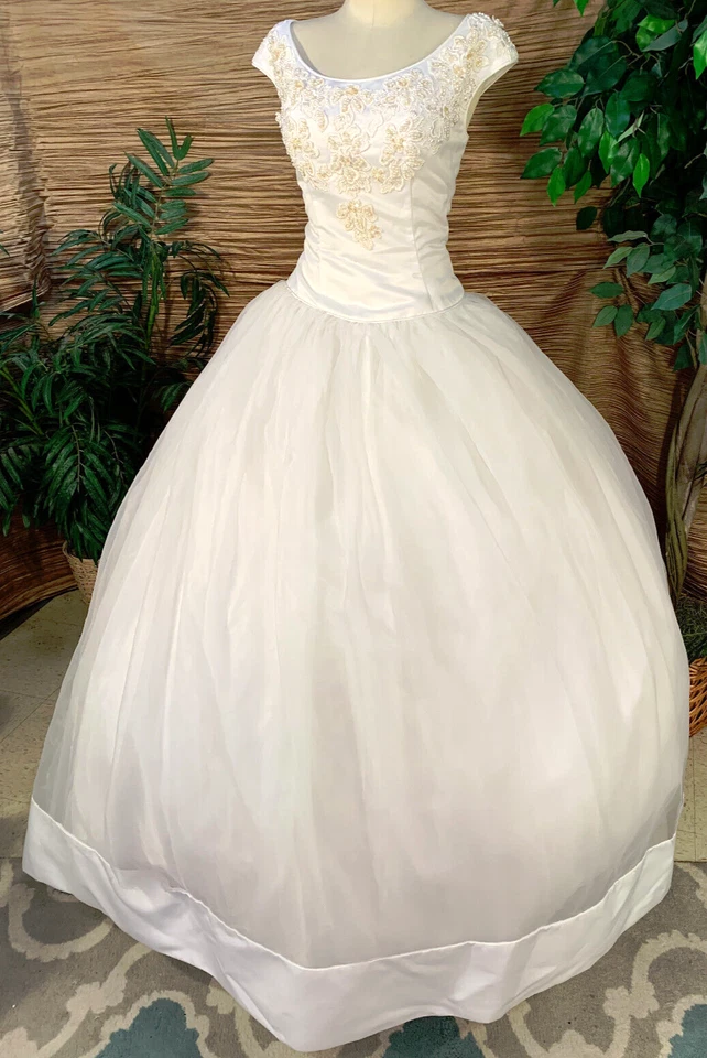 Jasmine White Tulle Satin Sleeveless Wedding Dress Ballgown Sequins Pearls Large - Image 1 of 4