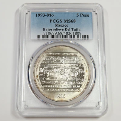 1993 Mo PCGS MS68 - MEXICO - SILVER Bajorrelieve Del Tajin 5 Peso Coin #51264A - Image 1 of 2
