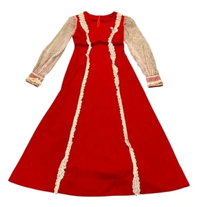 Maxi Vestido Vintage Años 70 Rojo Pradera Borde de Encaje Mangas Transparentes Boho Cottagecore M - Imagen 1 de 8