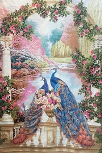 Peacock Duet Garden Paradise Floral Arch View Bird Tapestry Wall Hanging 78"x54" - Picture 1 of 7