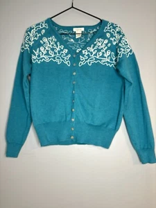 Sundance Women’s S Turquoise Teal Cotton White Embroidered Cardigan Cottagecore - Picture 1 of 6