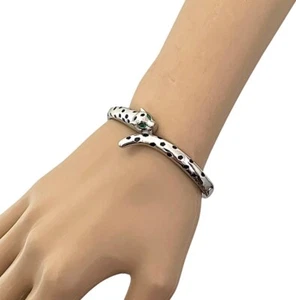 Silver Tone Green Eyed Crystal Jaguar Leopard Panther Dainty Hinged Bracelet - Picture 1 of 4