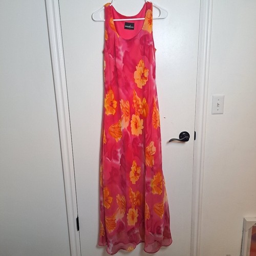 PALM ANGELS Maxi Abito Positive Attitude Rosa Arancione Floreale Chiffon Fata Romantico Tg S