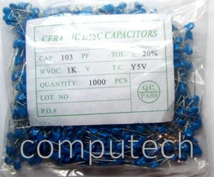 5 pezzi 10nF 1000V, 103 Condensatori Alta Tensione Temp. Coefficient Y5V 10 nF - Bild 1 von 2