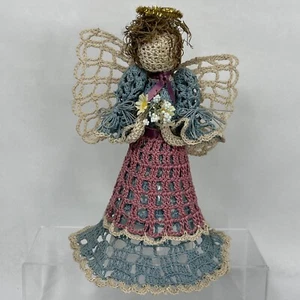 Starched Crochet Angel Christmas Tree Topper Bouquet Halo Blue Pink Handmade - Picture 1 of 10