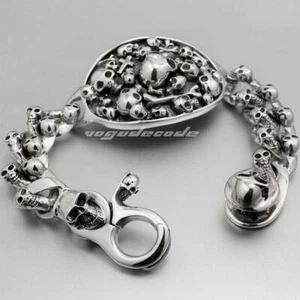 Huge Heavy 925 Sterling Silver Skull Link Chain Bracelet Punk Jewellery 8F011C - Picture 1 of 20