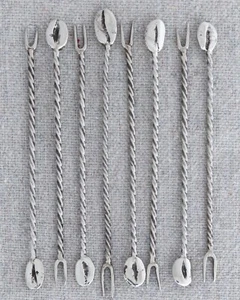 8 Antique Vintage Hand Forged Sterling Silver Coffee Bean Cocktail Dessert Picks - Picture 1 of 3