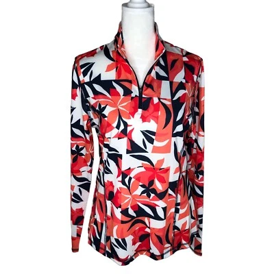 Callaway Women’s Coral Red 1/4 Zip Mock Long Sleeve Floral Print Polo Golf Shirt - Image 1 of 4
