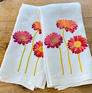 Toallas de lino vintage con flores grandes bordadas ZZ523 - Imagen 1 de 6