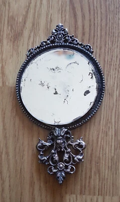 Ancien petit face à main miroir de poupée argent, scène de jardin Année 1900  - Photo 1/2