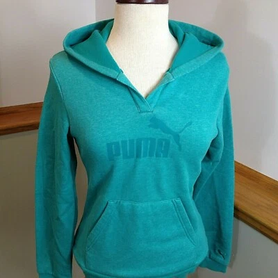PUMA SPORT Graphic Green V-Neck Heavy Hooded Sweatshirt Hoodie Girls Size M - Imagem 1 de 4