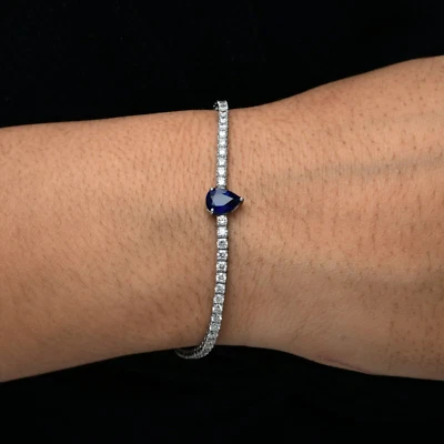 4.43Tcw Kunstdiamanten Grown Cvd Diamant Blauer Saphir Tennis Armband Kette 18k - Bild 1 von 4