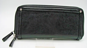 Black Leather Double Pocket Zip Around Wallet Many Credit Card ID Slots NEW 8x4" - Picture 1 of 10