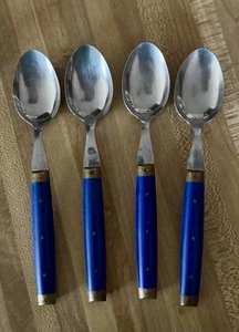 4 Oval Soup/Place Spoons BISTRO Pattern By Melron France Stainless Blue W/Brass - Picture 1 of 2