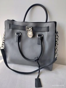 Michael Kors Purse Hamilton Gray Black Chain Leather Satchel Women Bag - Picture 1 of 18