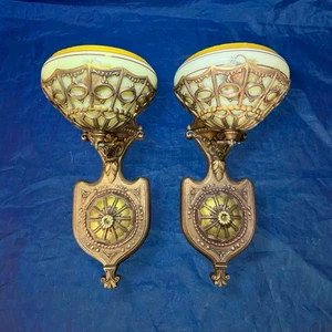 Very Rare Pair Antique Sconces Rewired Restored Rare Gill Glass Shades 59A - Picture 1 of 10