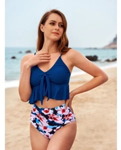 Floral & Navy High Waisted Ruffle Top Tankini Set Size M NEW - Picture 1 of 3