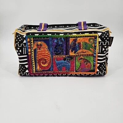 Laurel Burch 狗尾帆布钱包挎包 15x10x5 紫色黄色黑色 277726 — 第 1/4 张图片