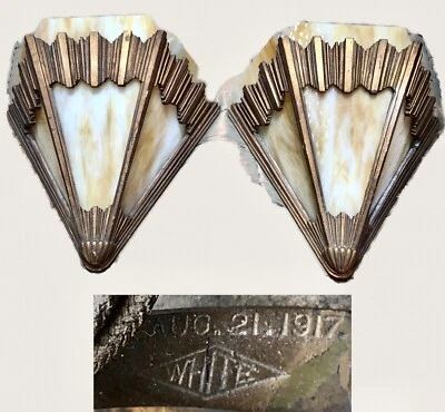 HTF Antique Original Dtd 1917 CRAFTSMAN-DECO Cusp SLAG GLASS SLIP SHADE SCONCES - Image 1 of 4