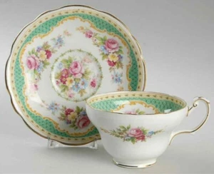 Vintage Foley Windsor Green/ tan and Floral Bone China Tea Cup & Saucer England - Picture 1 of 8