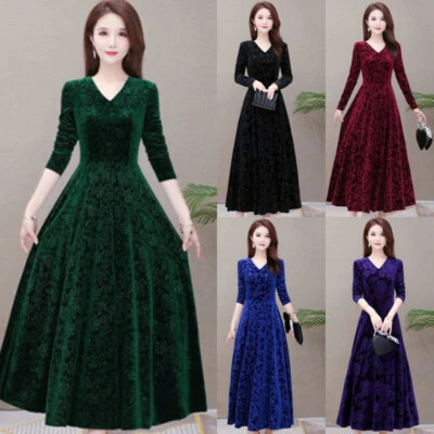 Women Velvet V Neck Swing Dress Long Sleeve Cocktail Party Maxi Dress Ball Gown⇓ - Image 1 of 4