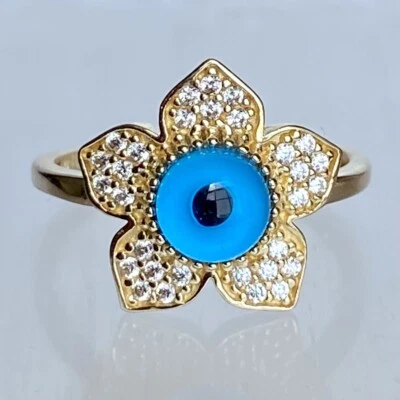 14K Authentic Solid Yellow Gold Women’s Blue Evil Eye Ring Size 6.25 - Image 1 of 4