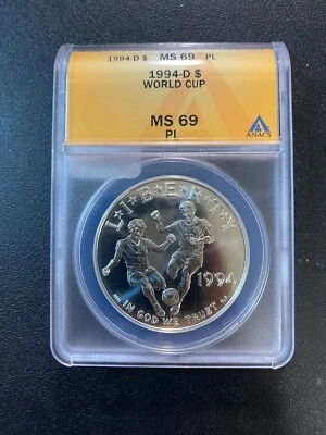1994 D WORLD CUP COMMEMORATIVE DOLLAR ANACS MS-69 PL - PROOF LIKE - SLABBED - $1 - Image 1 of 2