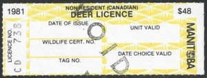Canada 1981 MANITOBA Non Resident $48 DEER LICENCE Hunting Revenue VF - Picture 1 of 2
