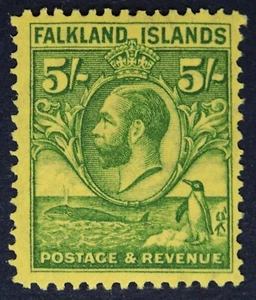 FALKLAND ISLANDS SG124 1929 KGV KGV 5/- Green / Yellow, Unmounted Mint - Picture 1 of 2