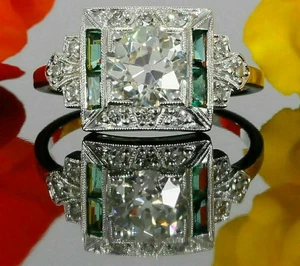 3.50TCW Simulated Green Peridot & White Sapphire Women's Engagement Silver Ring - Picture 1 of 7