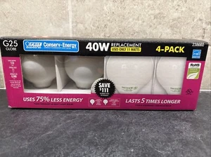 Feit Electric G25 Globe 40W Replacement Light Bulbs Use only 11W, 4-Pack - NEW - Picture 1 of 6
