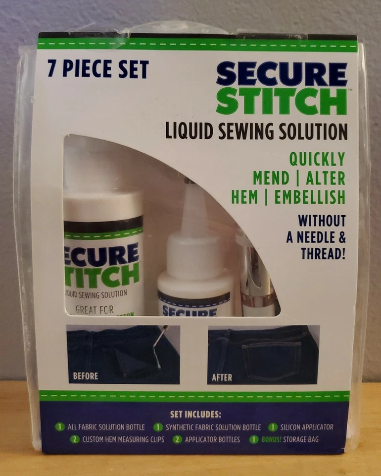 Secure Stitch Liquid Sewing Solution Kit Fabric Glue Quickly Mends 7 PC Set